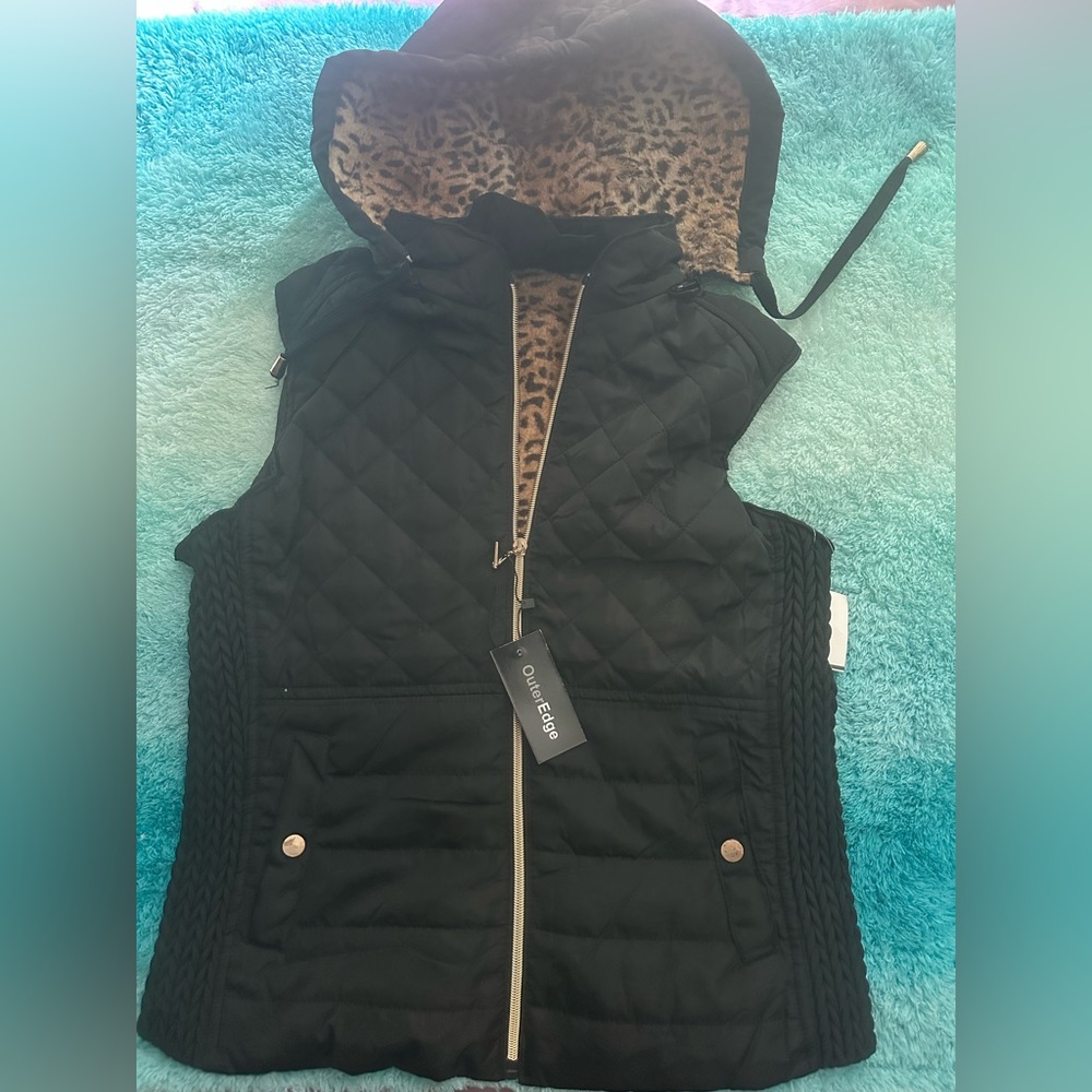 NEW Outer Edge Faux Fur Lined Quilted Vest With Removable Hood Womens S -SEE DTL